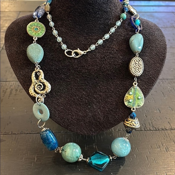 Jewelry - Blue Dichroic Glass Acrylic Stone Silver Beaded Long Enamel Beaded Necklace